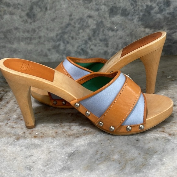 Coach Jackie Twill Pool Blue Canvas/Natural Leather Studded Open-toe Mule - Picture 3 of 6